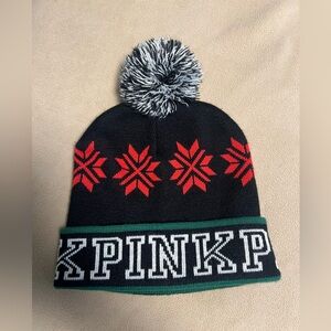 PINK Victoria's Secret Snowflake Beanie - Black, Red, and Green with Pom Pom